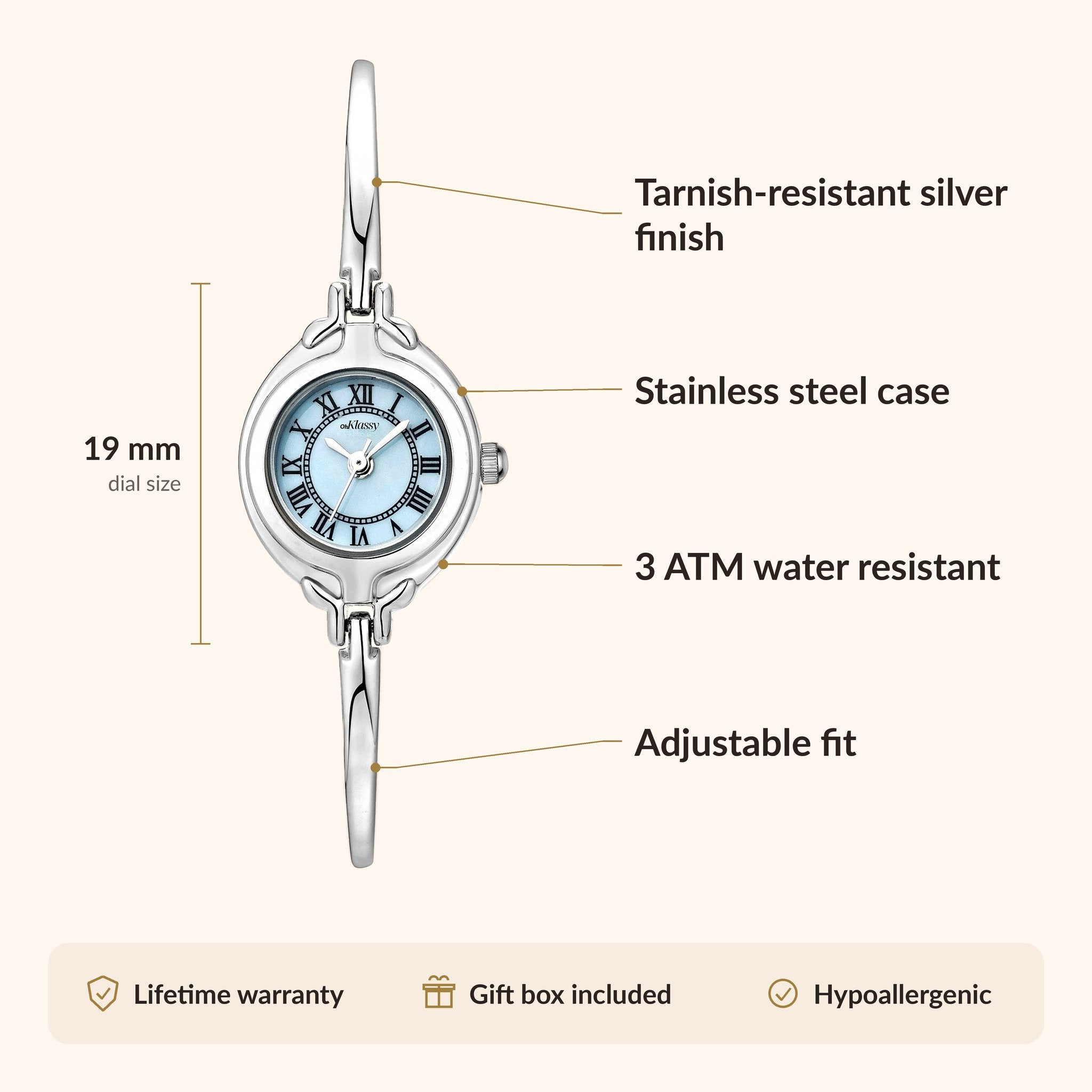 OhKlassy Emma Blue Silver women's vintage-inspired watch, size and features infographic