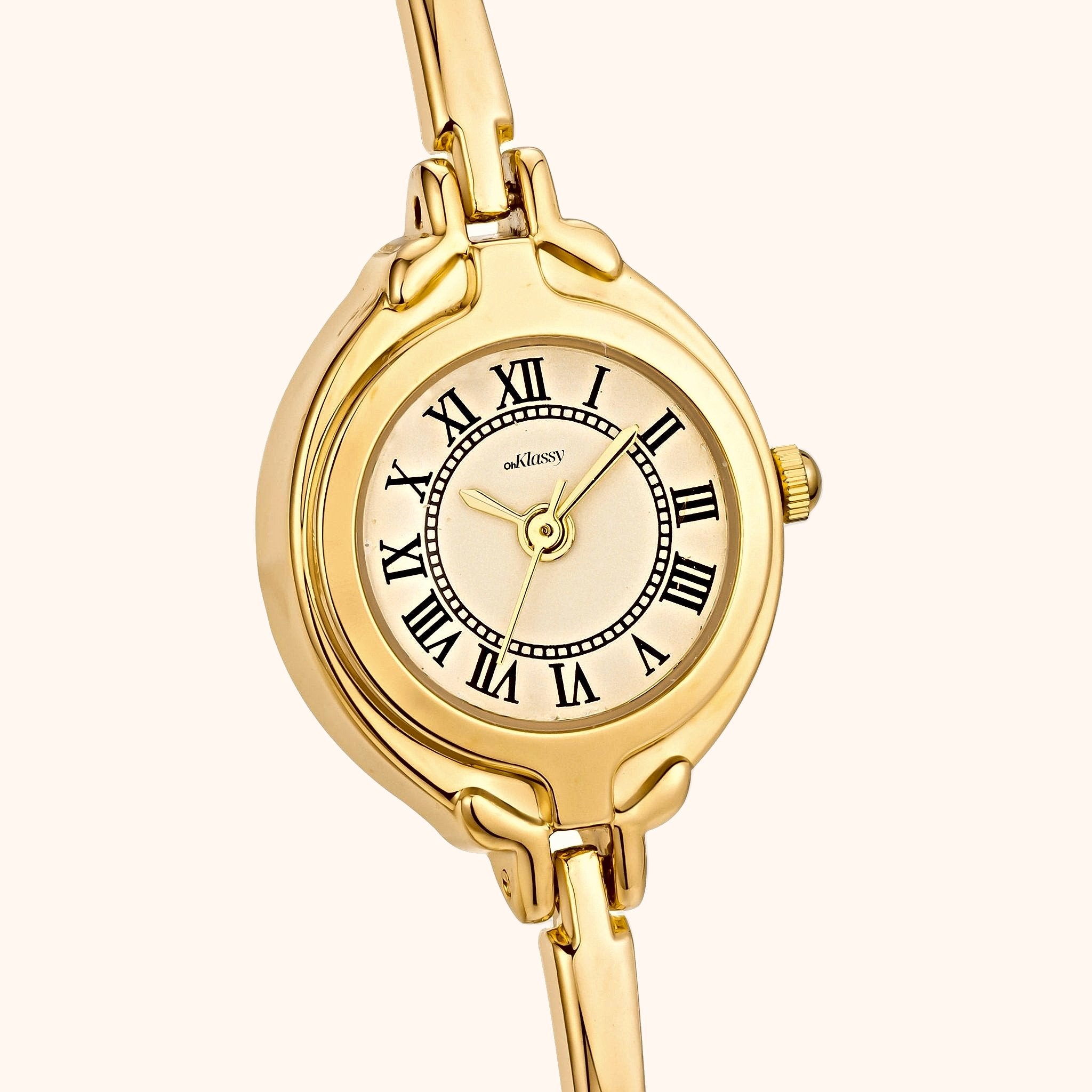 OhKlassy Emma Gold women's vintage-inspired watch, dial close-up