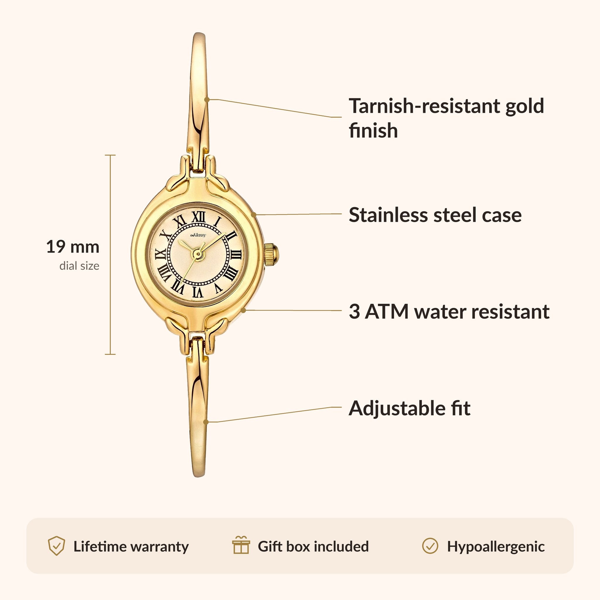 OhKlassy Emma Gold women's vintage-inspired watch, size and features infographic