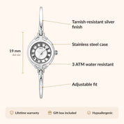 OhKlassy Emma Silver – Vintage-inspirierte Damenuhr: Infografik zu Größe und Funktionen
