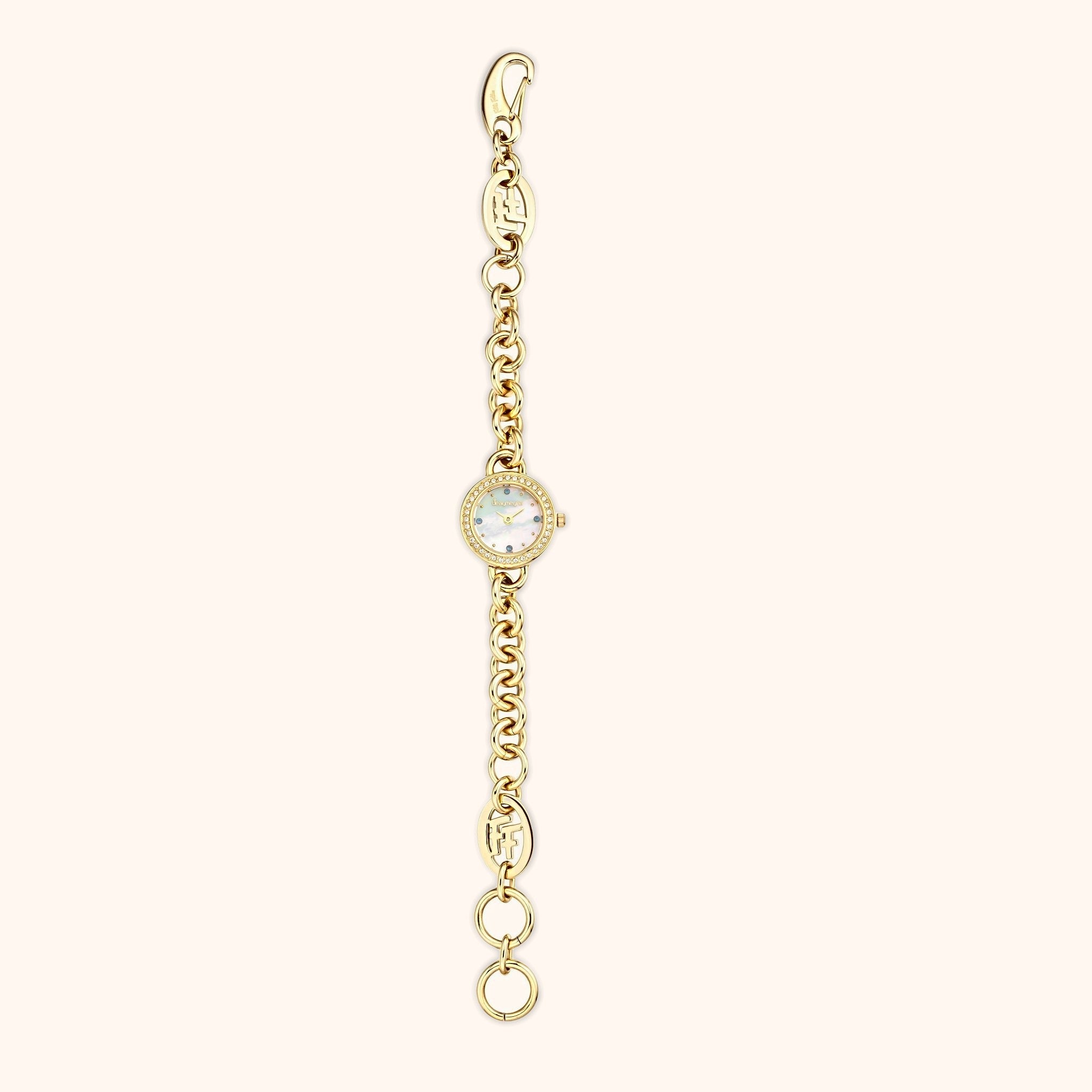 OhKlassy Estelle Gold women's vintage-inspired watch, bracelet and clasp detail