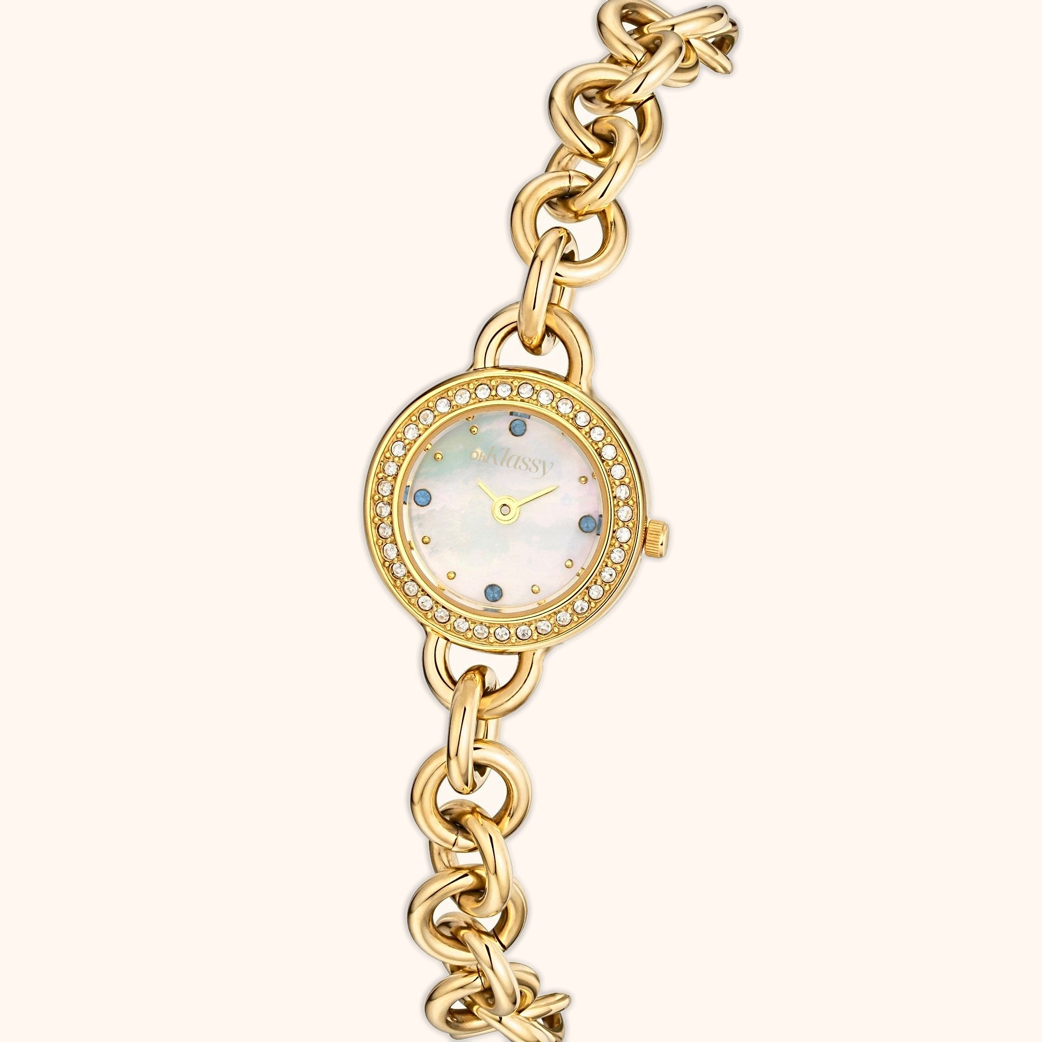 OhKlassy Estelle Gold women's vintage-inspired watch, dial close-up
