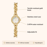 OhKlassy Estelle Gold women's vintage-inspired watch, size and features infographic