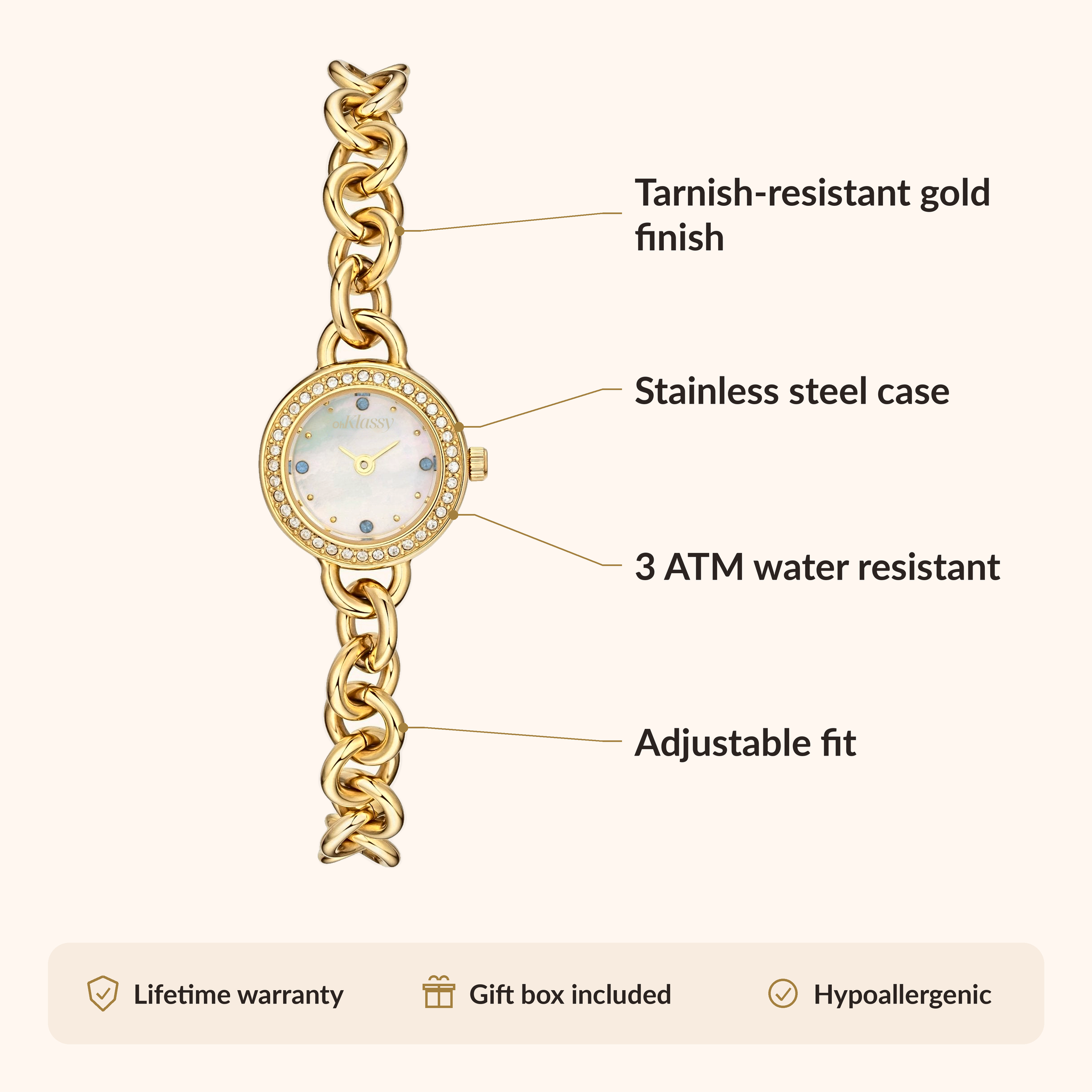 OhKlassy Estelle Gold women's vintage-inspired watch, size and features infographic