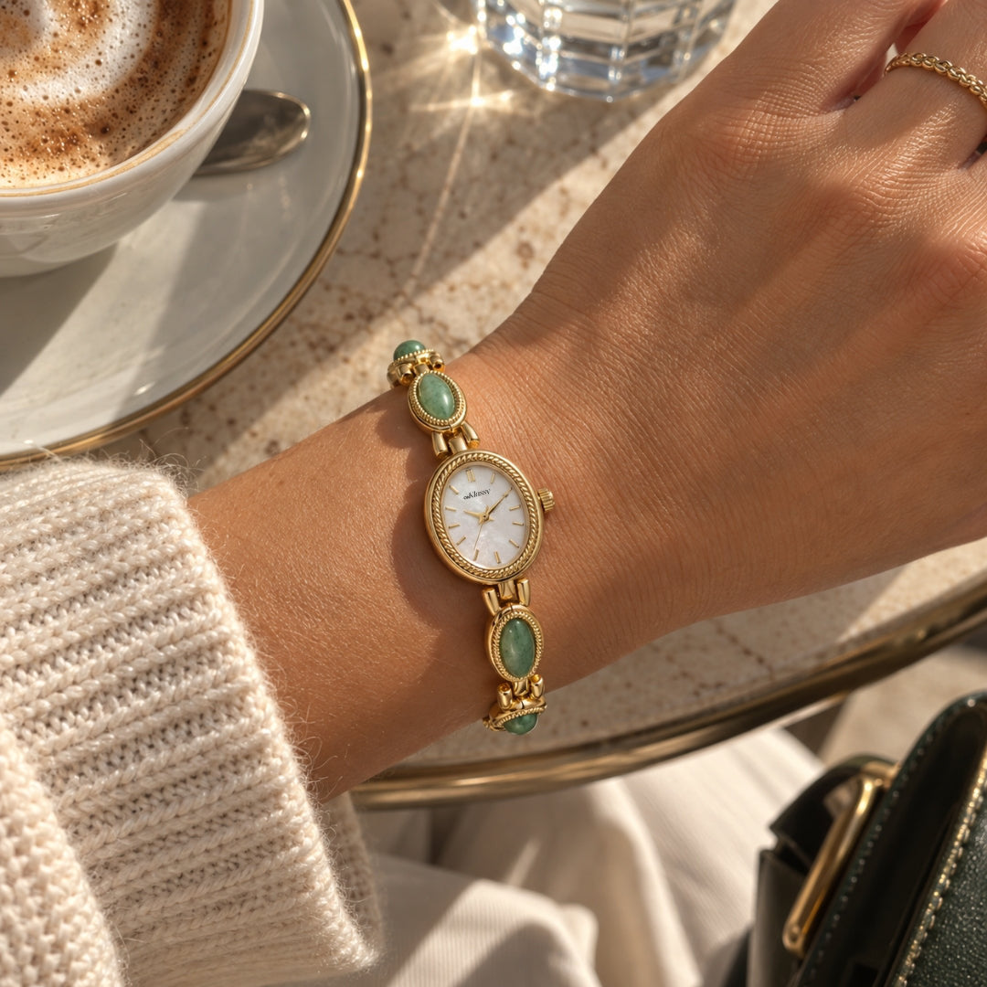 OhKlassy Gabriella Gold women's vintage-inspired watch worn on the wrist