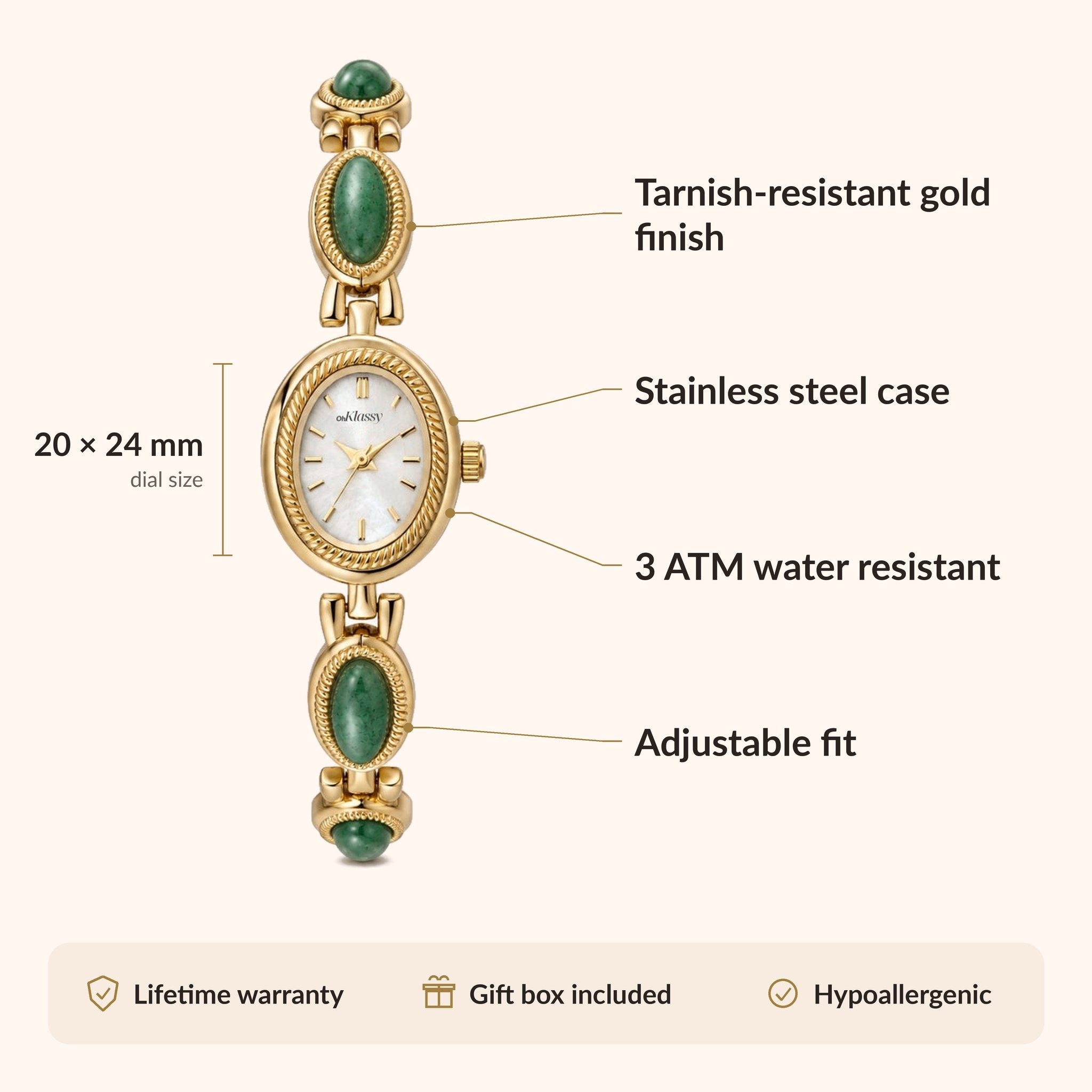 OhKlassy Gabriella Gold women's vintage-inspired watch, size and features infographic