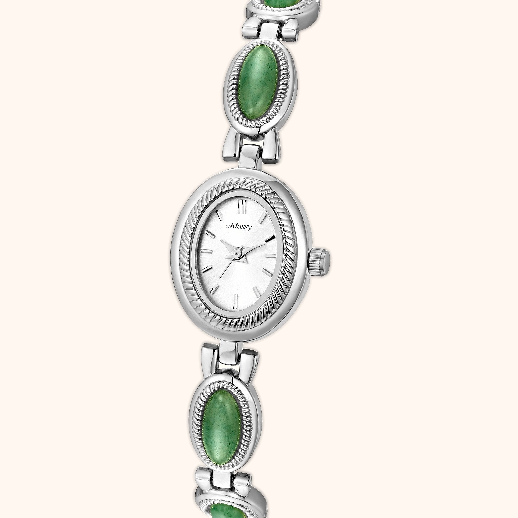 OhKlassy Gabriella Silver women's vintage-inspired watch, angled side view
