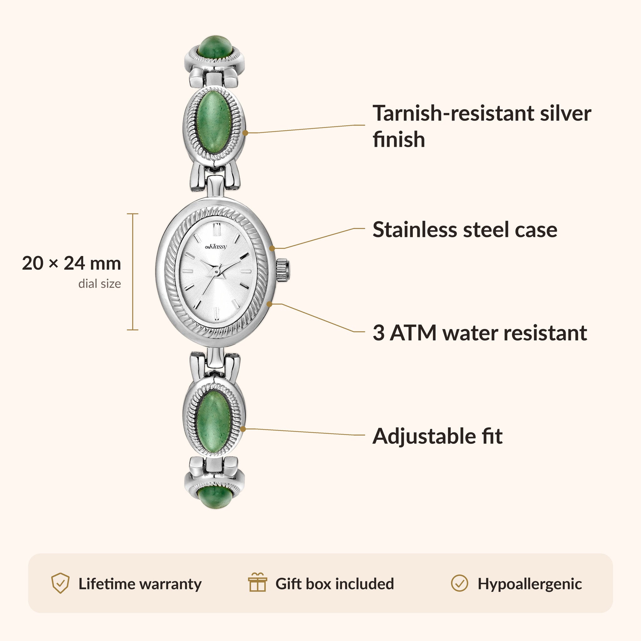 OhKlassy Gabriella Silver women's vintage-inspired watch, size and features infographic