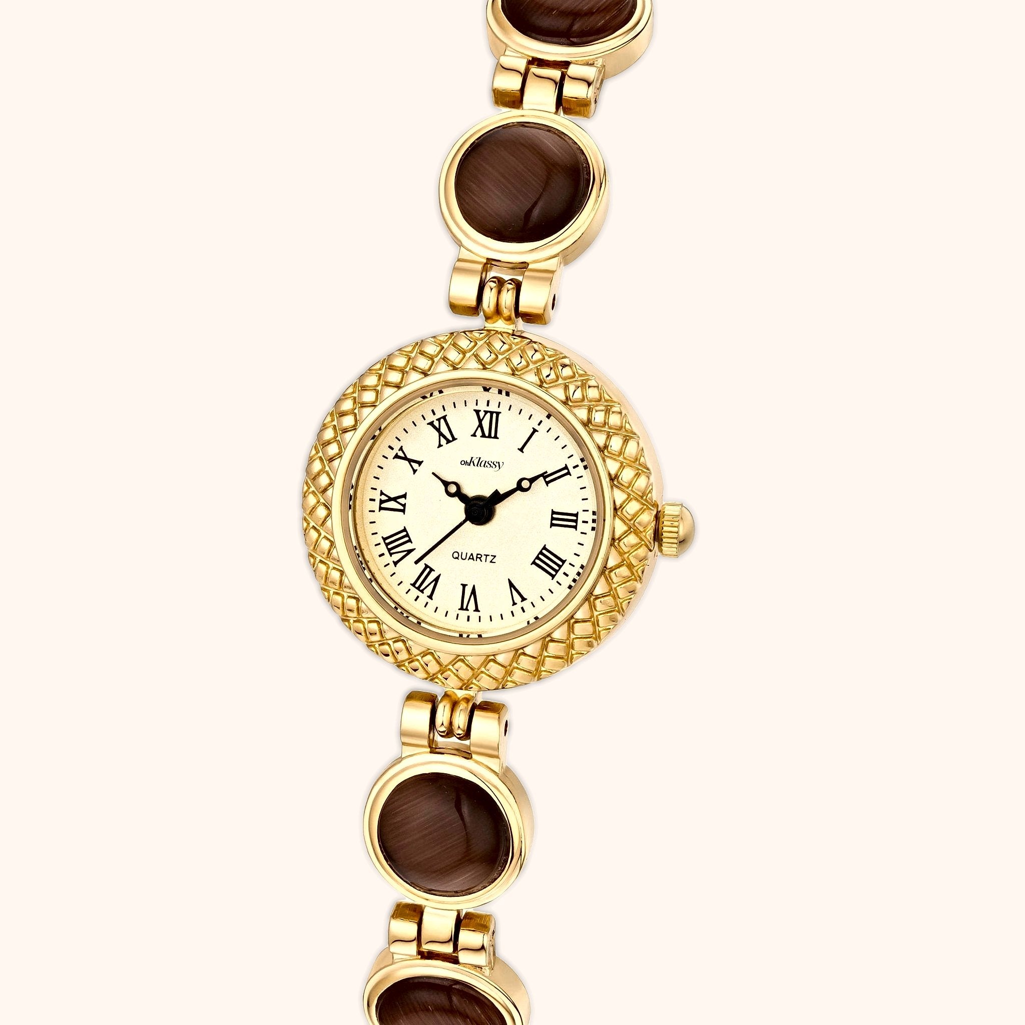 OhKlassy Gisella Gold Brown women's vintage-inspired watch, dial close-up