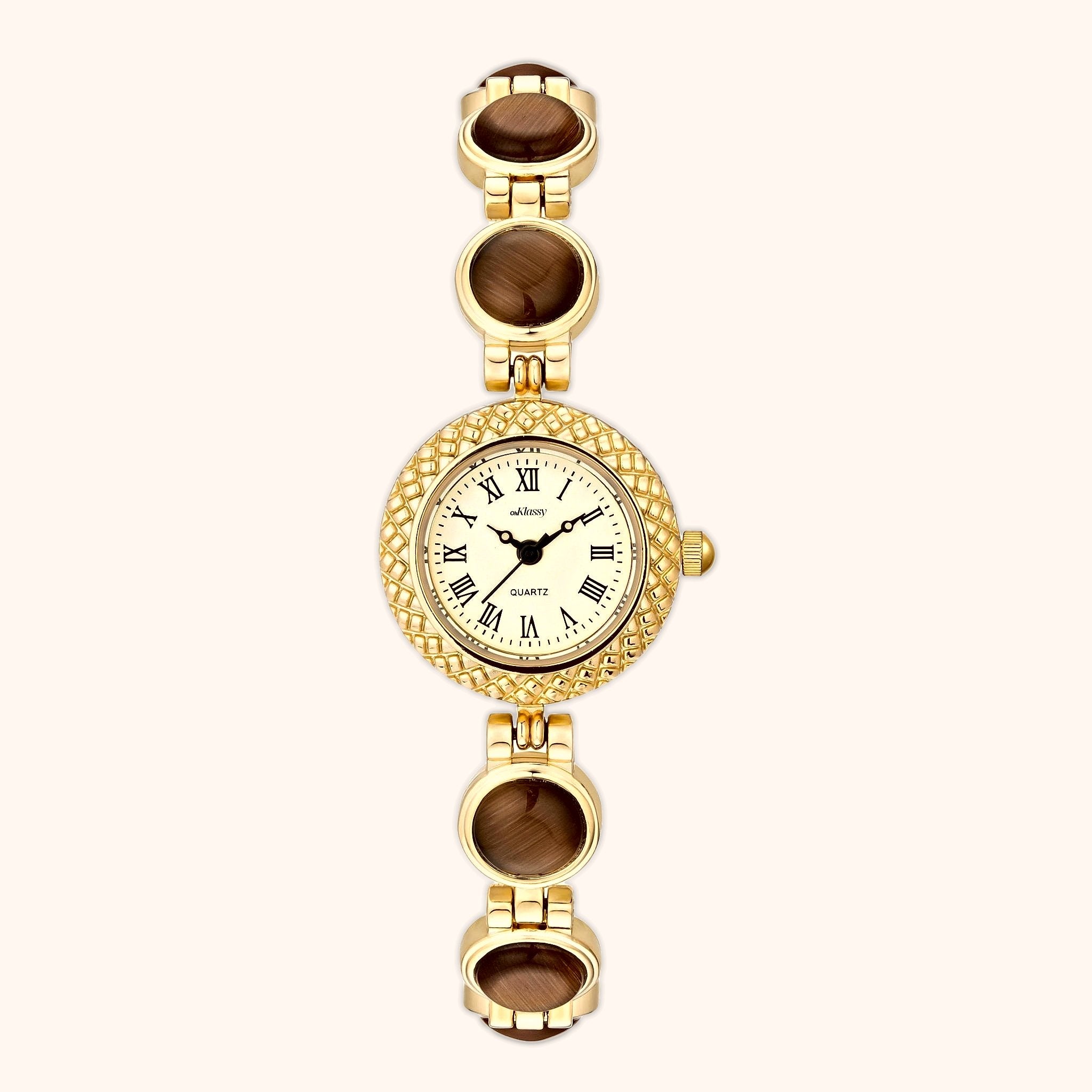 OhKlassy Gisella Gold Brown women's vintage-inspired watch, front view