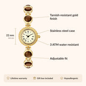 OhKlassy Gisella Gold Brown women's vintage-inspired watch, size and features infographic