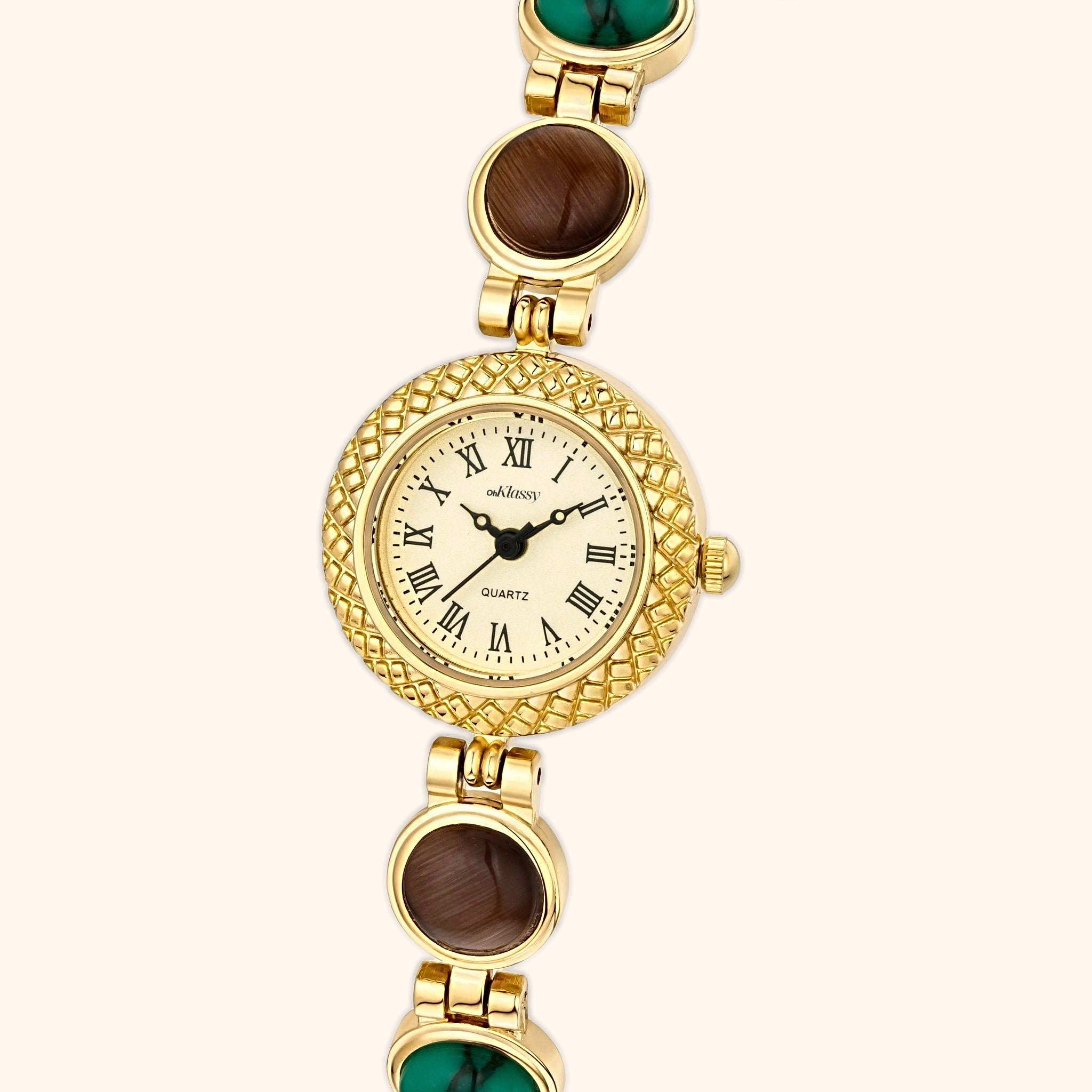 OhKlassy Gisella Gold Mix women's vintage-inspired watch, dial close-up
