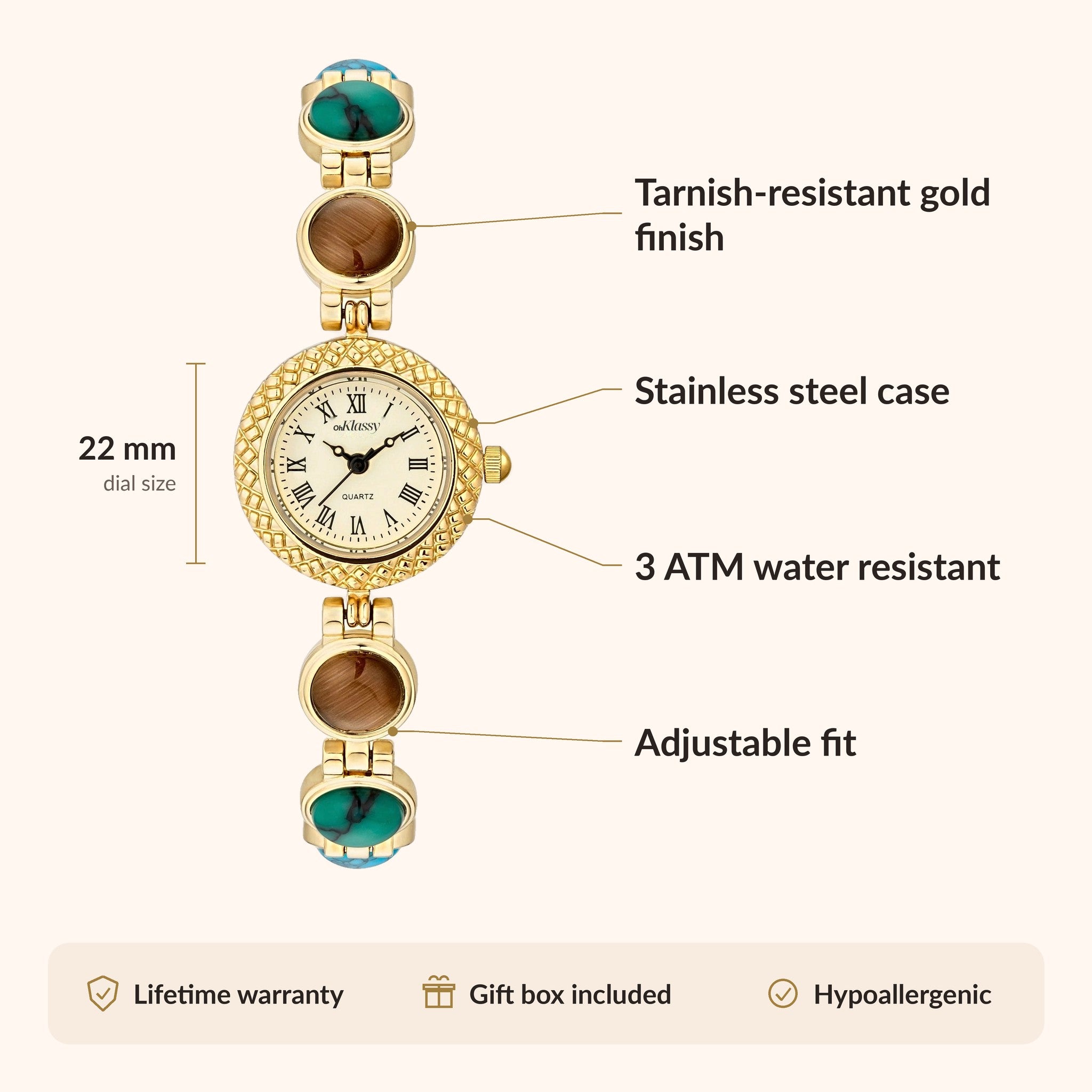 OhKlassy Gisella Gold Mix women's vintage-inspired watch, size and features infographic