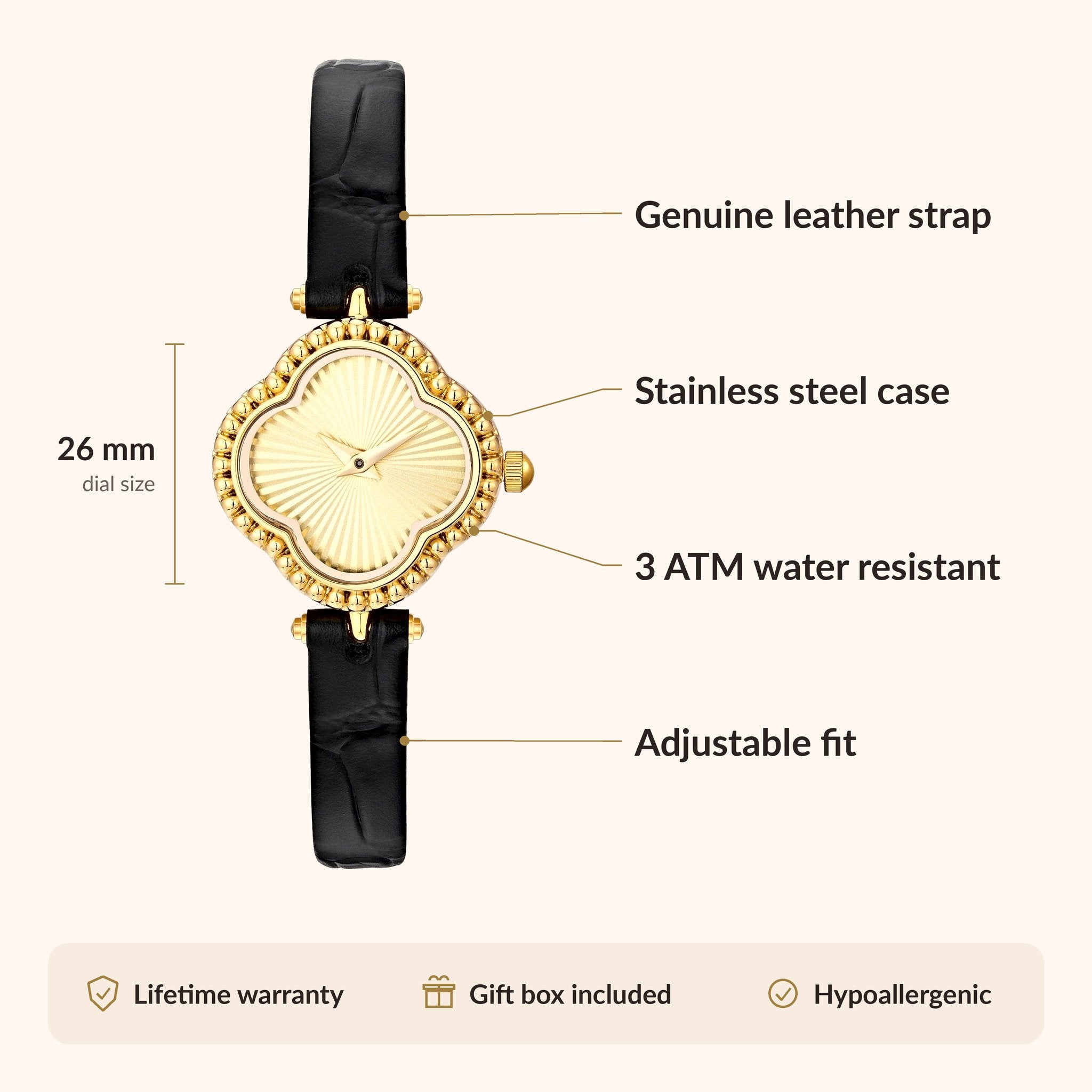 OhKlassy Hannah Leather Gold – Vintage-inspirierte Damenuhr: Infografik zu Größe und Funktionen