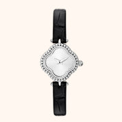 OhKlassy Hannah Leder-Silber-Damenuhr im Vintage-Stil, Vorderansicht