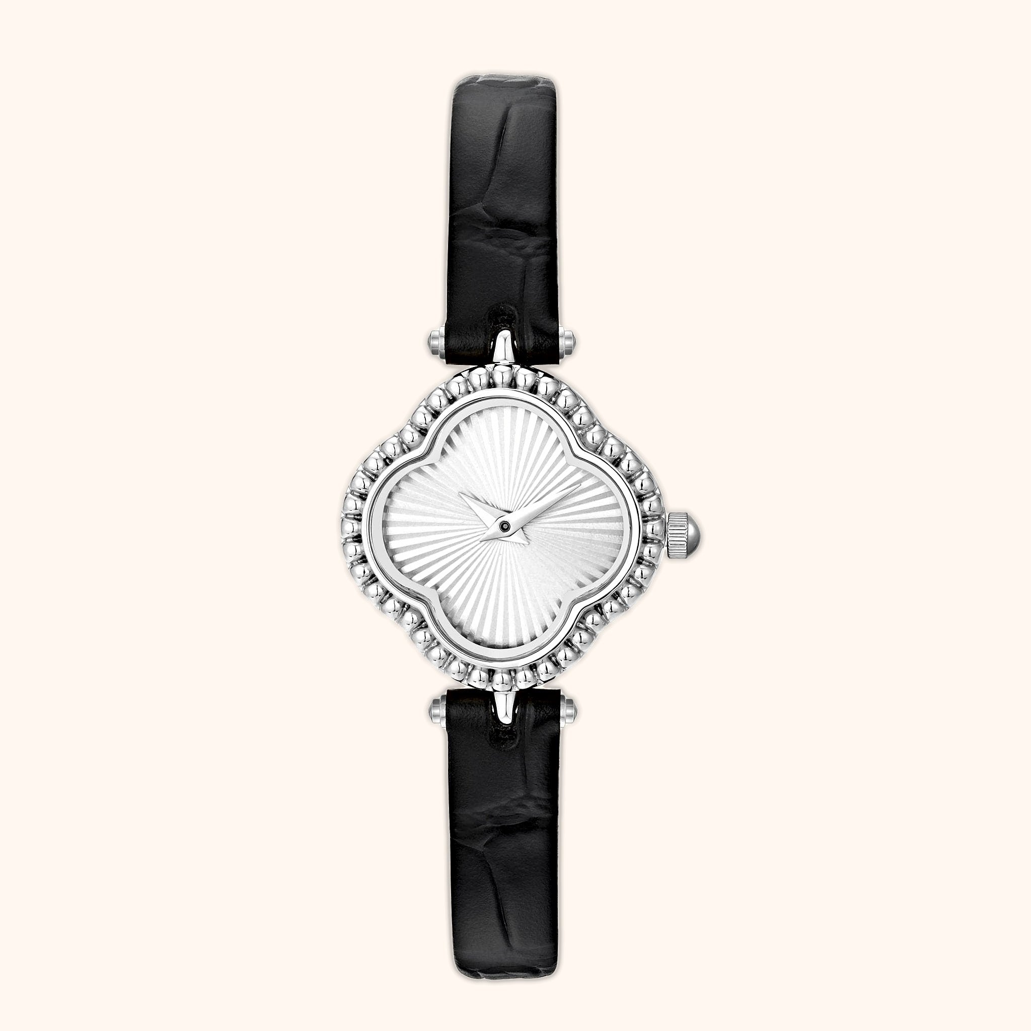 OhKlassy Hannah Leder-Silber-Damenuhr im Vintage-Stil, Vorderansicht