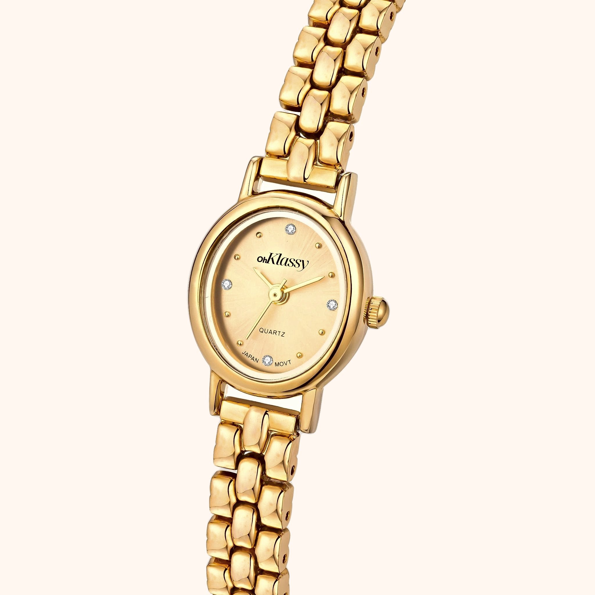 Orologio da donna OhKlassy Isabella Gold in stile vintage, vista laterale obliqua