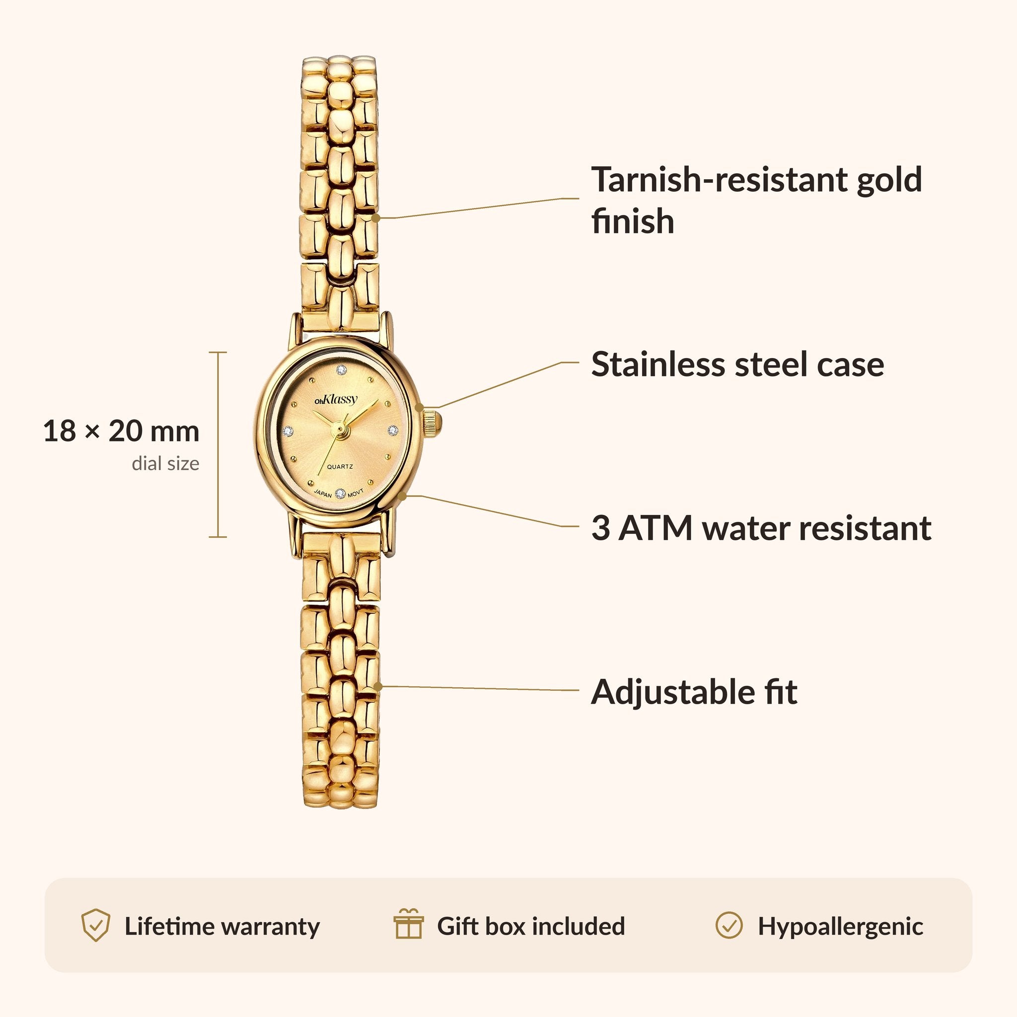 Orologio da donna OhKlassy Isabella Gold in stile vintage: infografica su dimensioni e caratteristiche