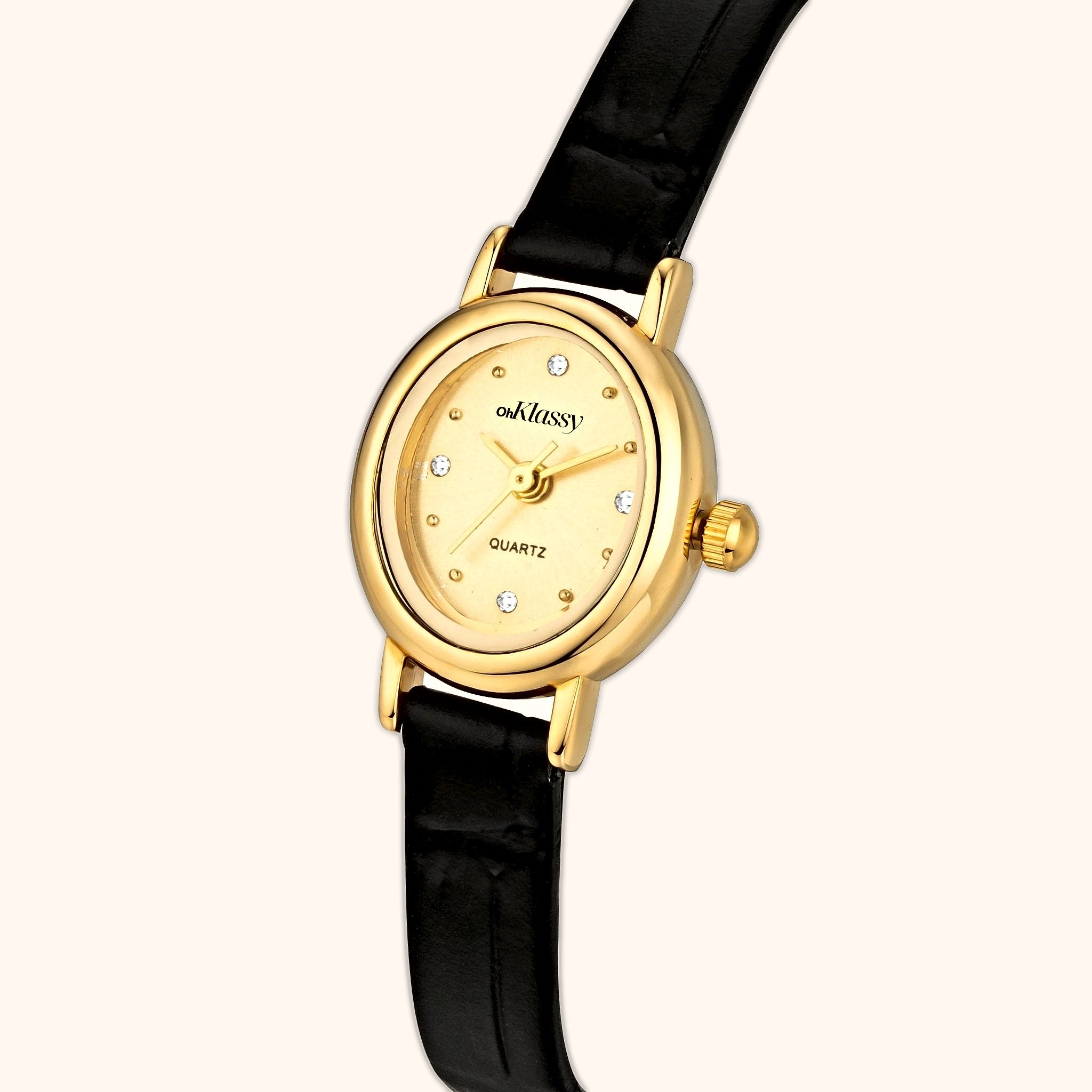 OhKlassy Isabella Leather Gold women's vintage-inspired watch, dial close-up