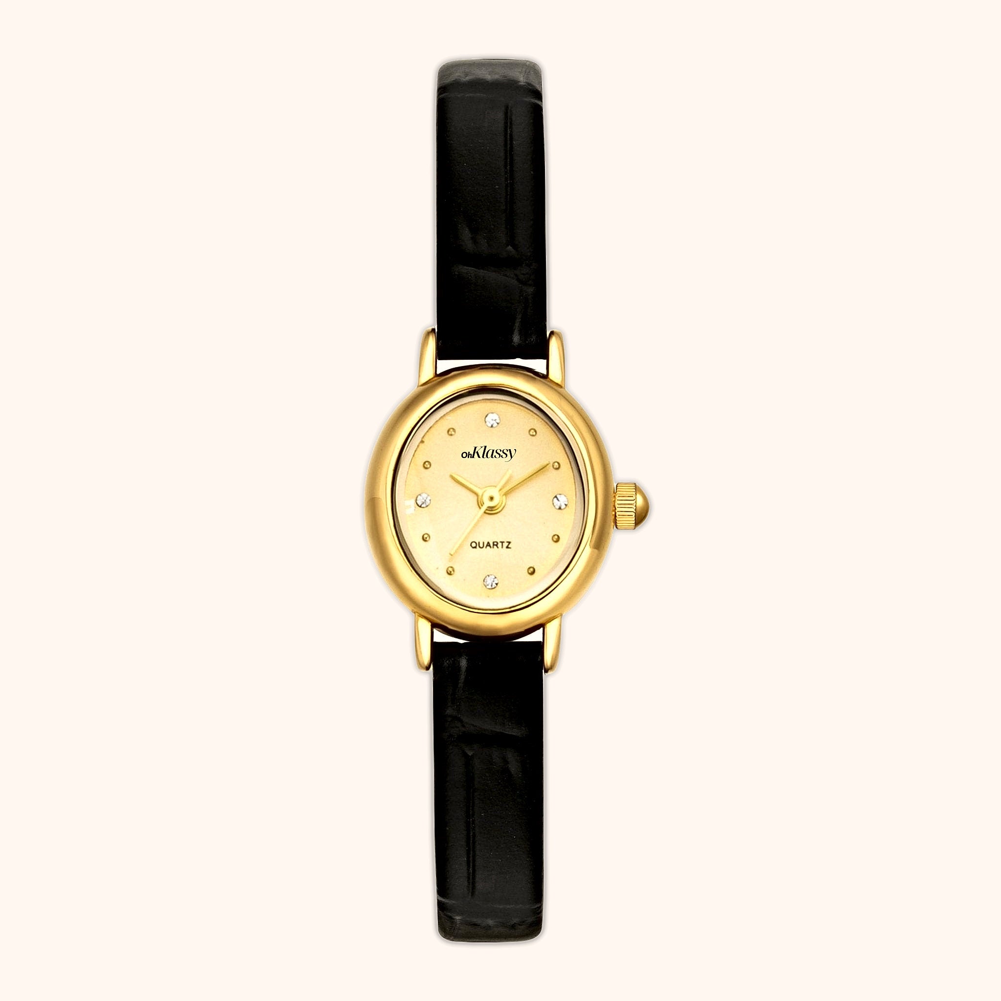 Orologio da donna OhKlassy Isabella in pelle color oro, di ispirazione vintage, vista frontale