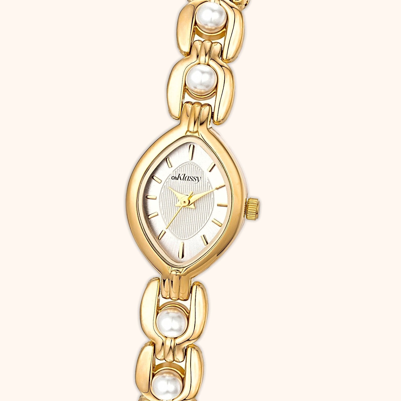 OhKlassy Isara Gold White women's vintage-inspired watch, dial close-up