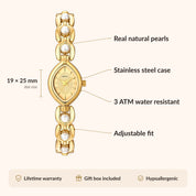 OhKlassy Isara Gold – Vintage-inspirierte Damenuhr: Infografik zu Größe und Funktionen