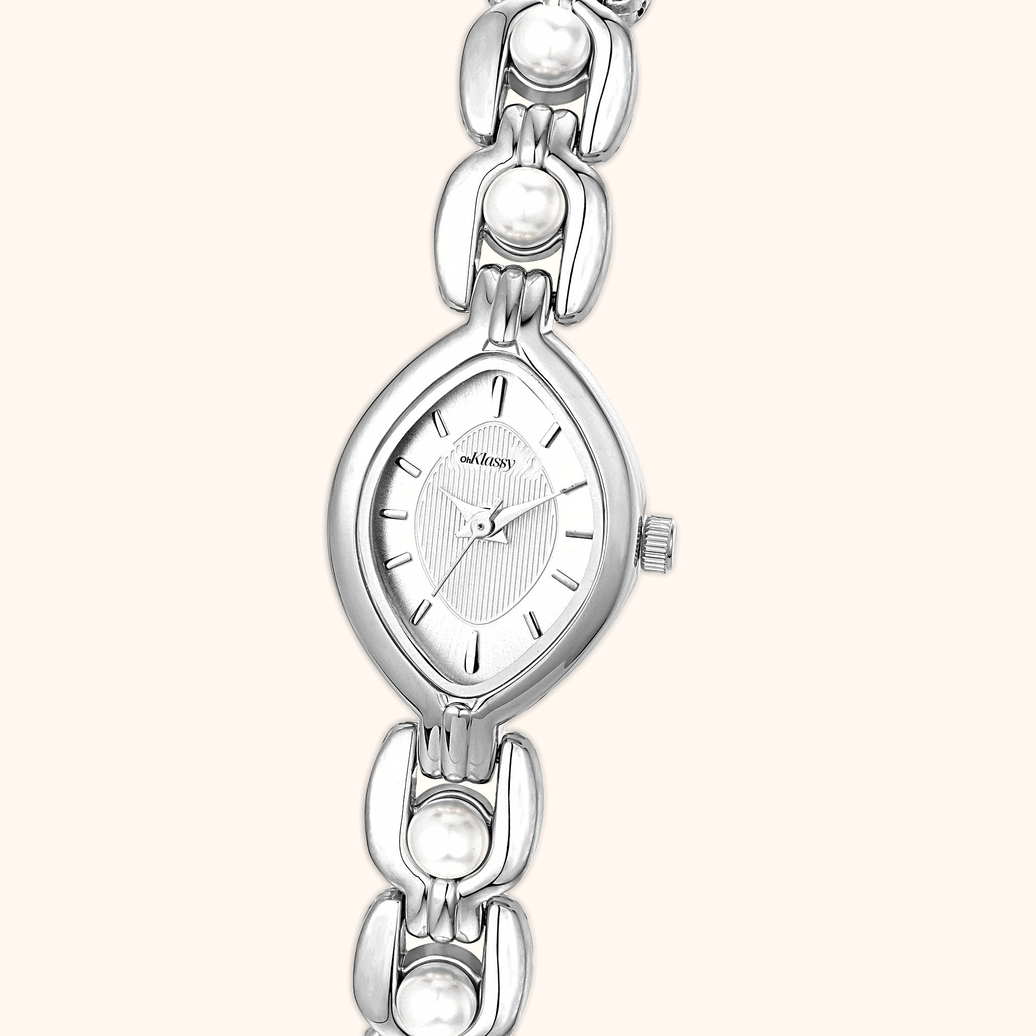 OhKlassy Isara Silver – Vintage-inspirierte Damenuhr, Nahaufnahme des Zifferblatts