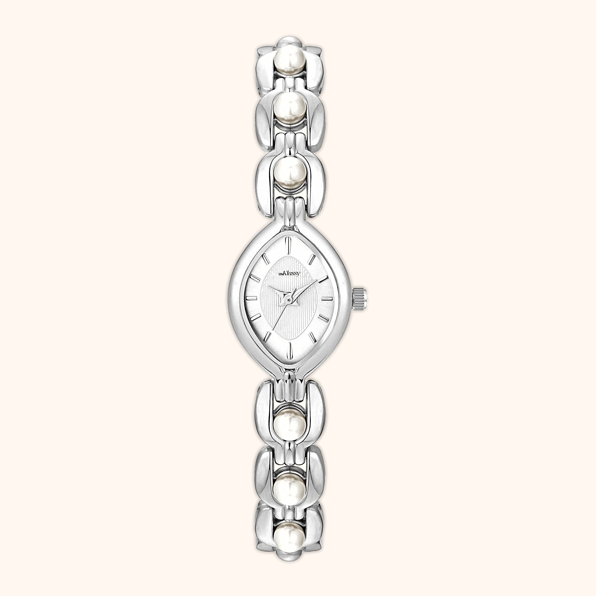 OhKlassy Isara Silver women's vintage-inspired watch, front view