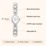 OhKlassy Isara Silver – Vintage-inspirierte Damenuhr: Infografik zu Größe und Funktionen