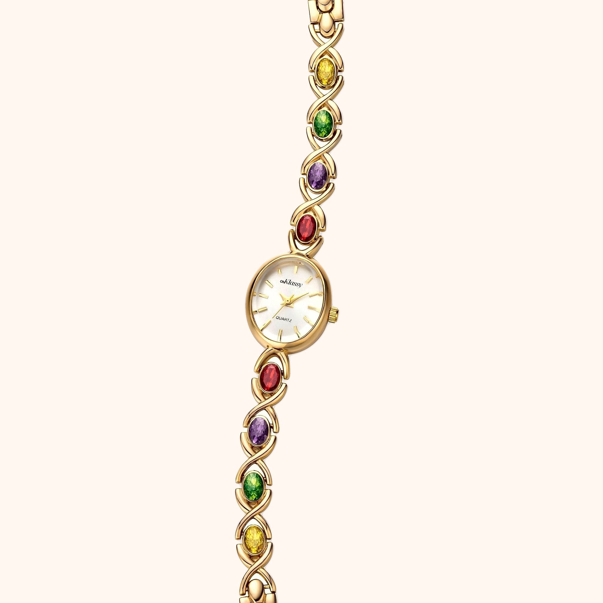 OhKlassy Ismara Gold women's vintage-inspired watch, angled side view
