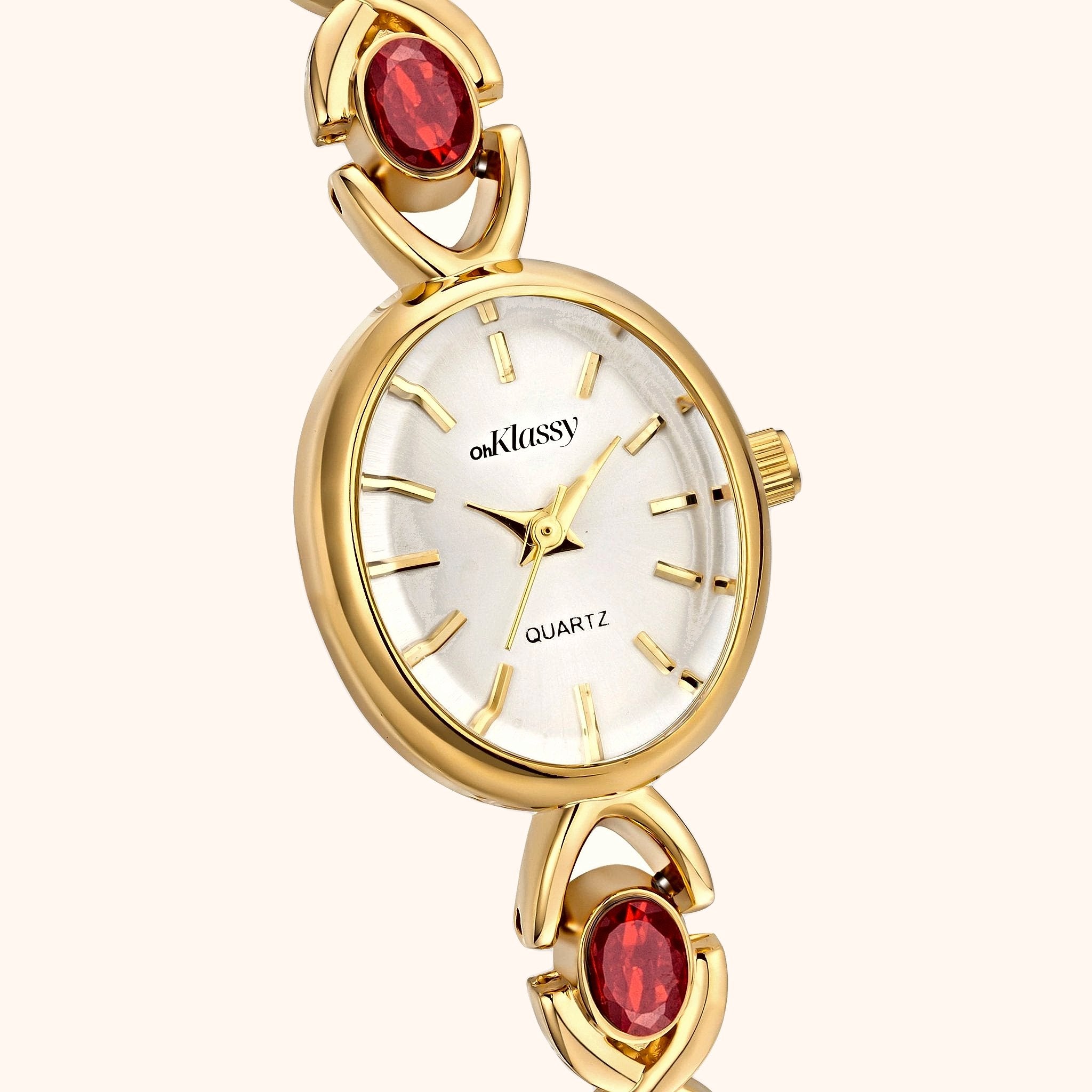 OhKlassy Ismara Gold women's vintage-inspired watch, dial close-up
