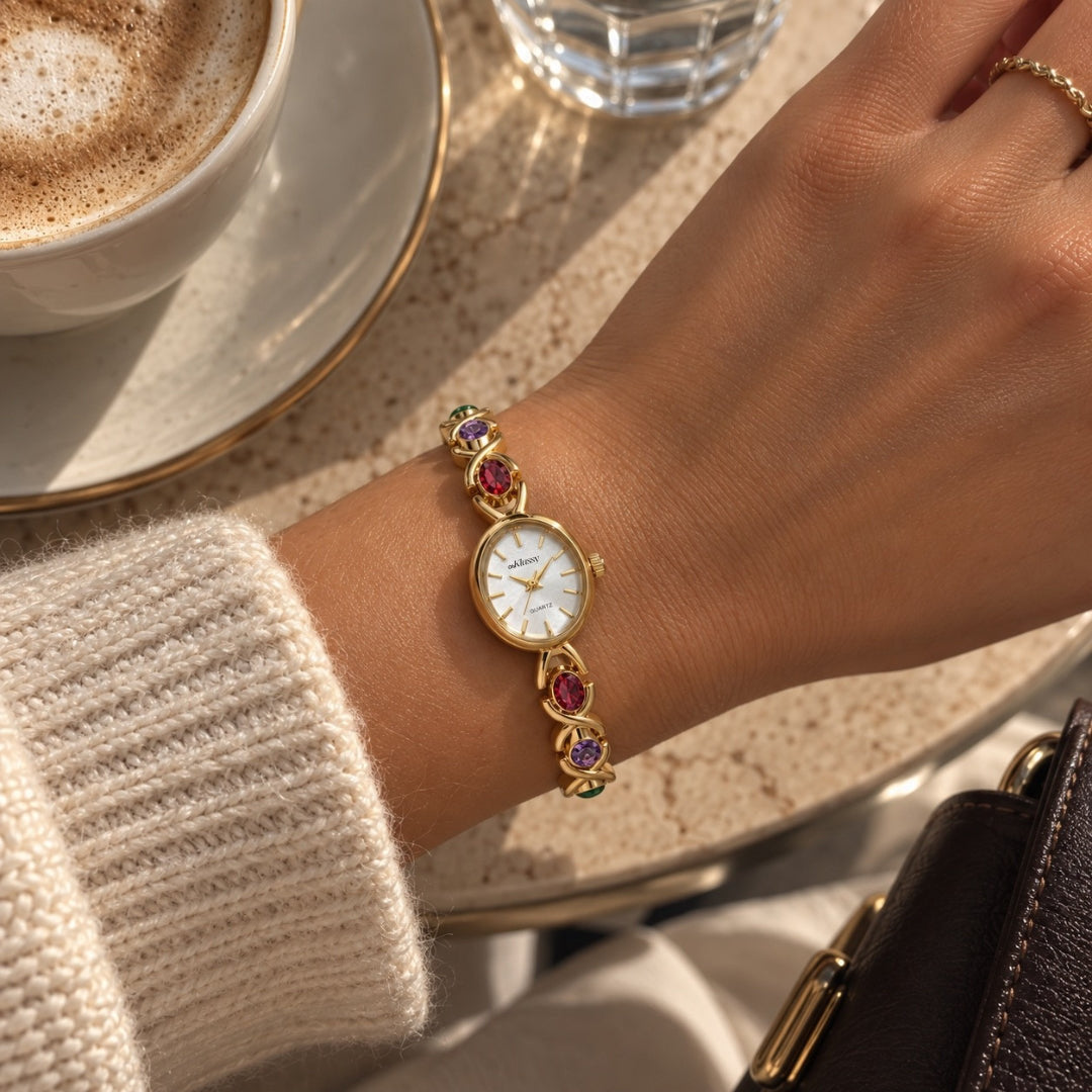 OhKlassy Ismara Gold women's vintage-inspired watch worn on the wrist