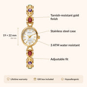 OhKlassy Ismara Gold women's vintage-inspired watch, size and features infographic