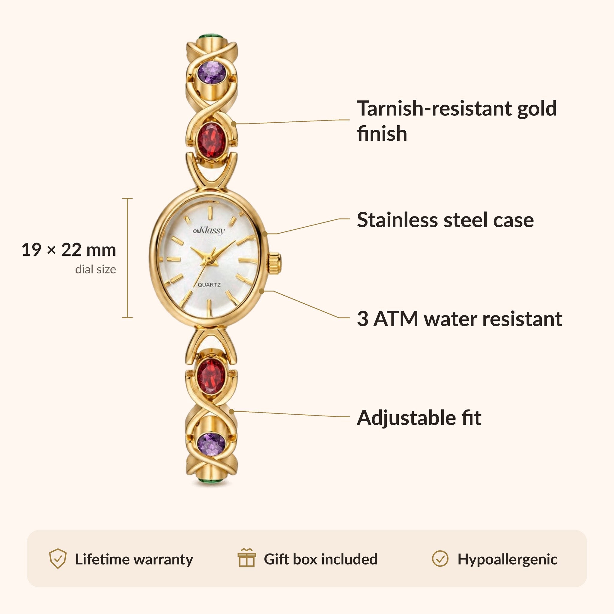OhKlassy Ismara Gold women's vintage-inspired watch, size and features infographic