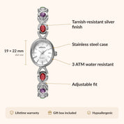 OhKlassy Ismara Silver: vintage-geïnspireerd dameshorloge – infographic met afmetingen en kenmerken
