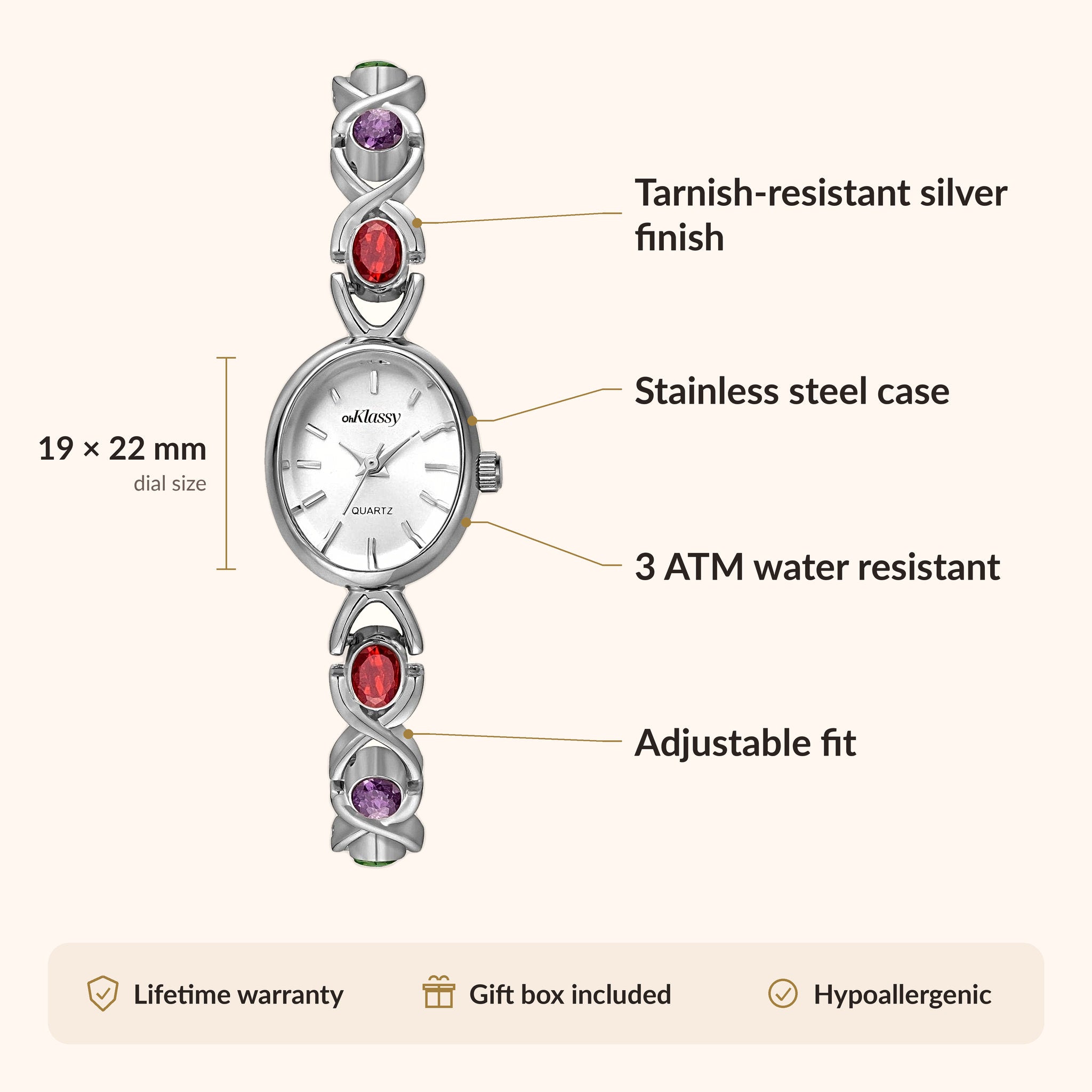 OhKlassy Ismara Silver: vintage-geïnspireerd dameshorloge – infographic met afmetingen en kenmerken