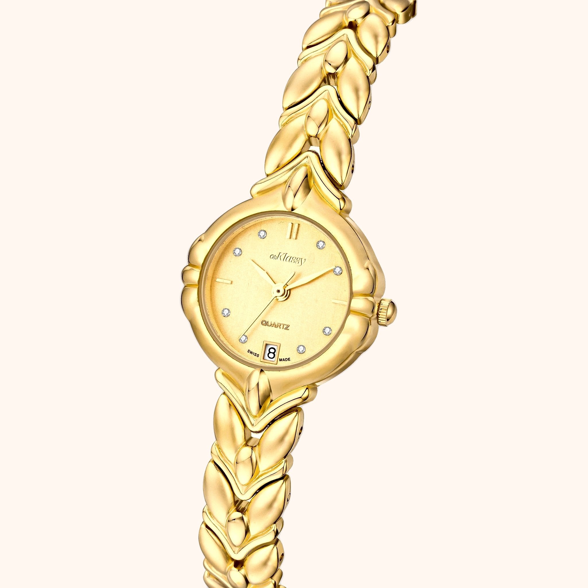 OhKlassy Julia Gold women's vintage-inspired watch, angled side view