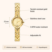 OhKlassy Julia Gold women's vintage-inspired watch, size and features infographic