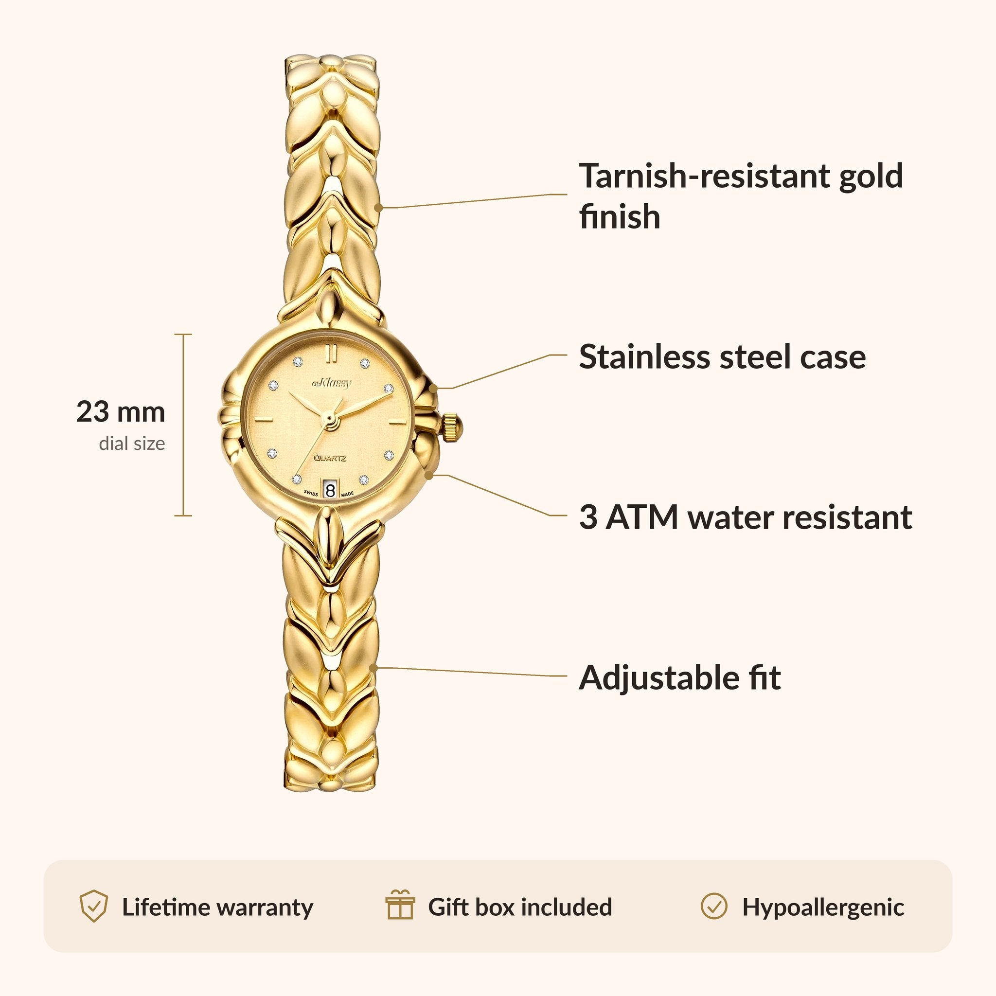 OhKlassy Julia Gold women's vintage-inspired watch, size and features infographic