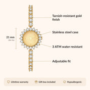 OhKlassy Laura Gold women's vintage-inspired watch, size and features infographic