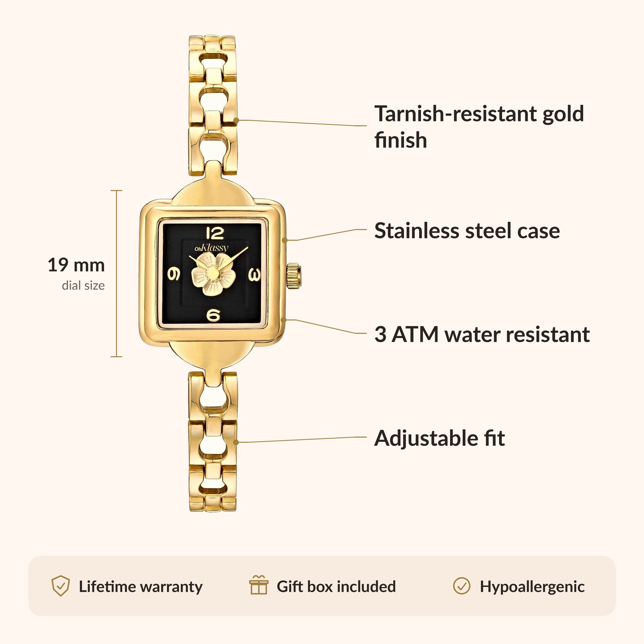 OhKlassy Lila Gold women's vintage-inspired watch, size and features infographic