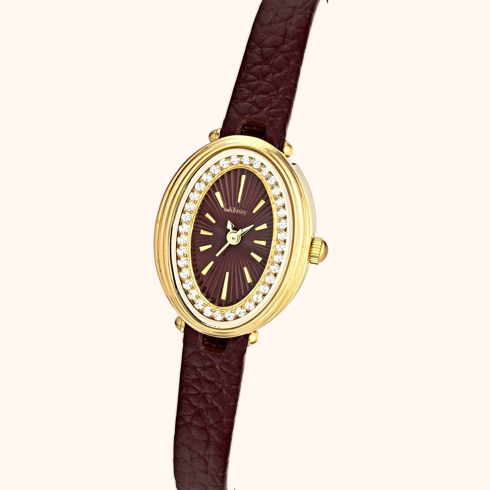 OhKlassy Livia Leder Gold – Vintage-inspirierte Damenuhr, Nahaufnahme des Zifferblatts