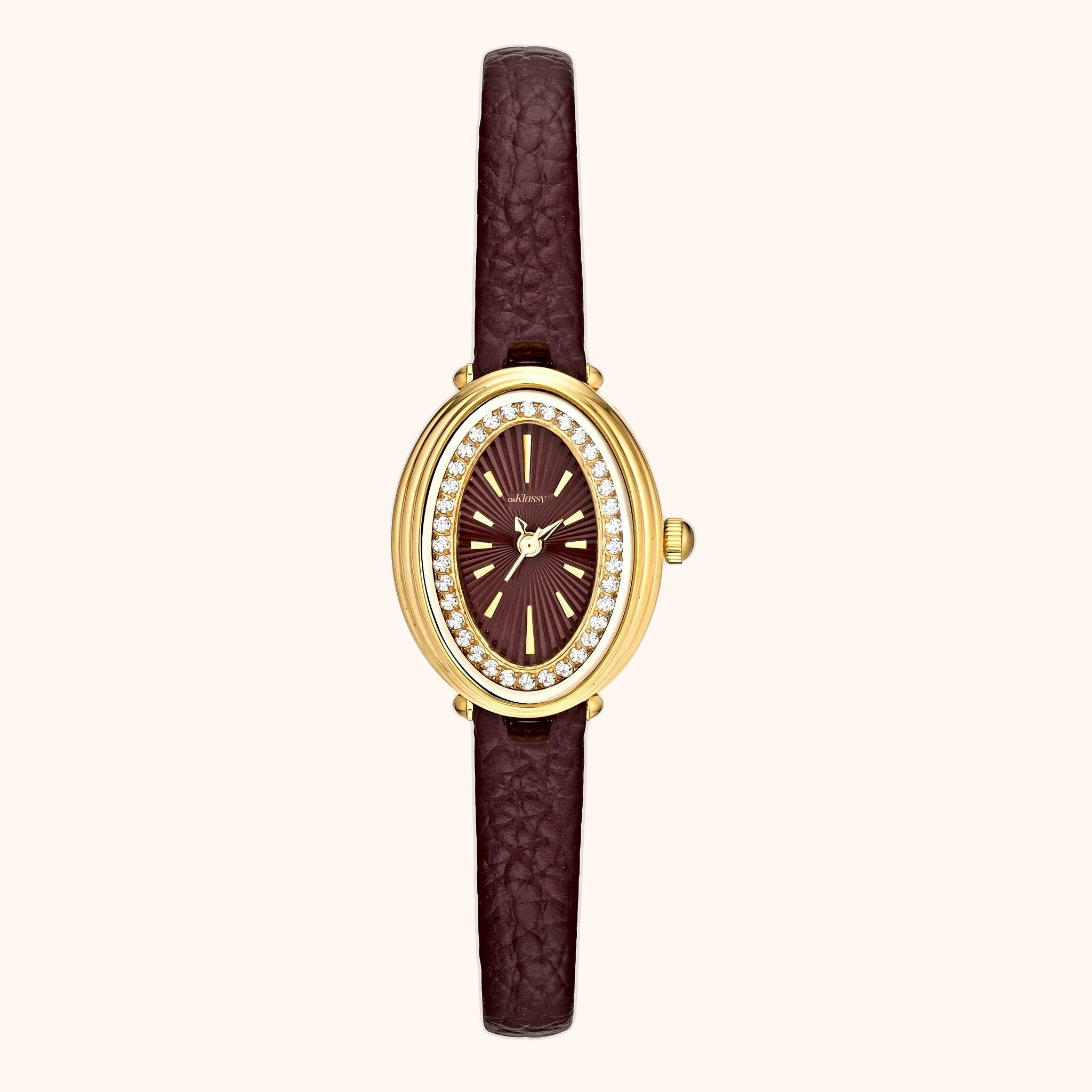 OhKlassy Livia Leder Gold – Vintage-inspirierte Damenuhr, Vorderansicht
