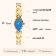 OhKlassy Lucille Gold Blue – Vintage-inspirierte Damenuhr: Infografik zu Größe und Funktionen