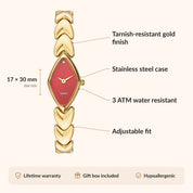 OhKlassy Lucille Gold Red women's vintage-inspired watch, size and features infographic