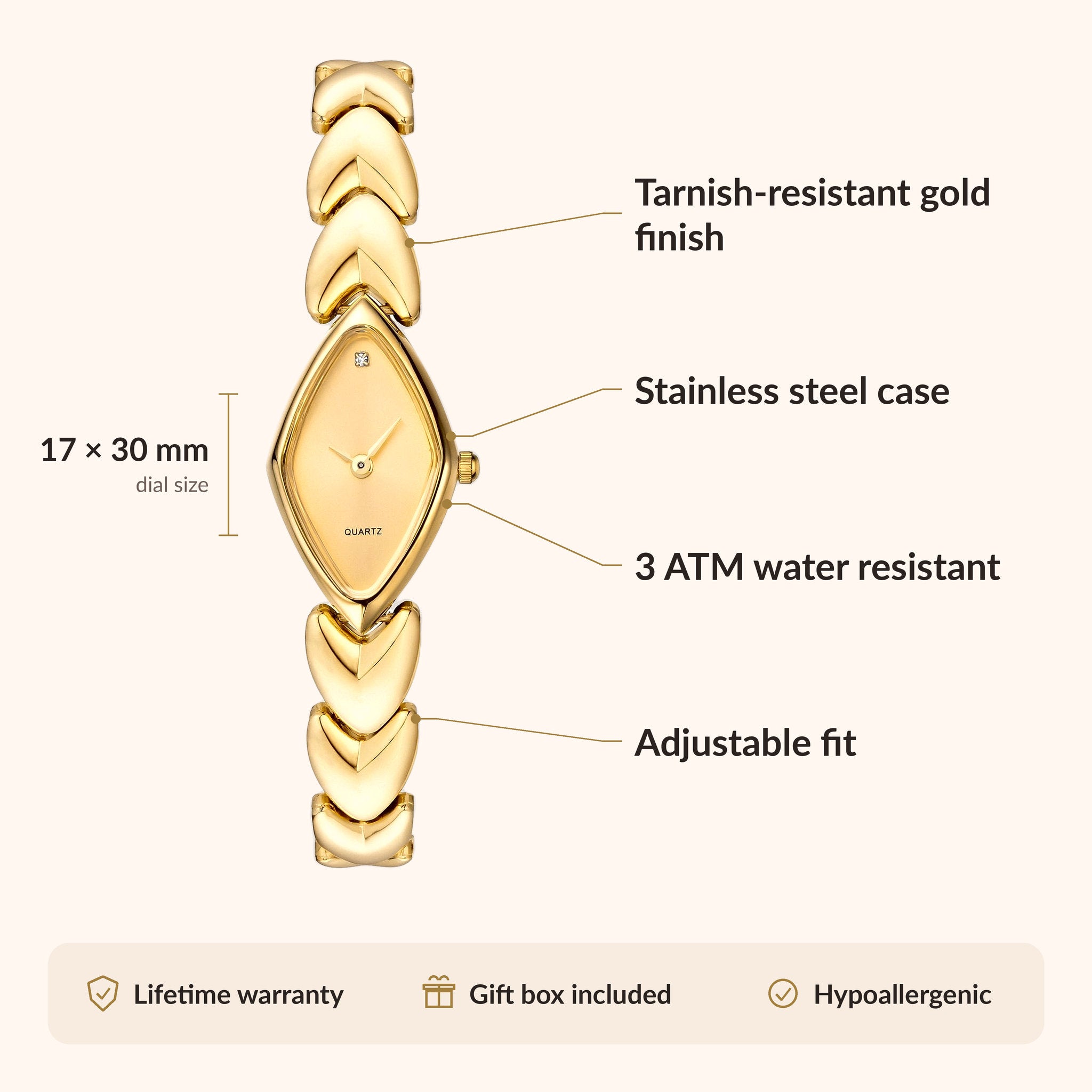 OhKlassy Lucille Gold women's vintage-inspired watch, size and features infographic