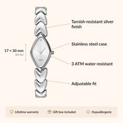 OhKlassy Lucille Silver women's vintage-inspired watch, size and features infographic