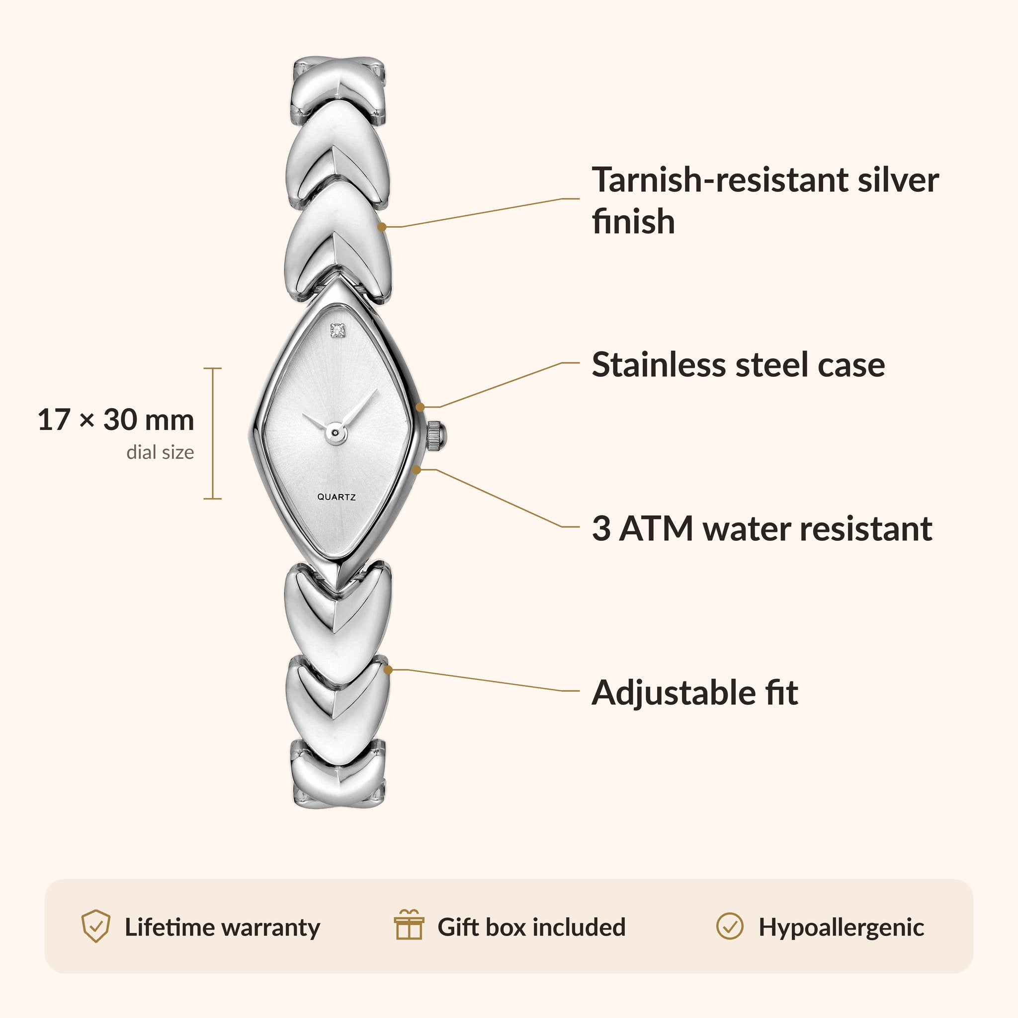 OhKlassy Lucille Silver women's vintage-inspired watch, size and features infographic