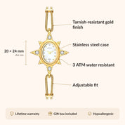 OhKlassy Lumina Gold women's vintage-inspired watch, size and features infographic