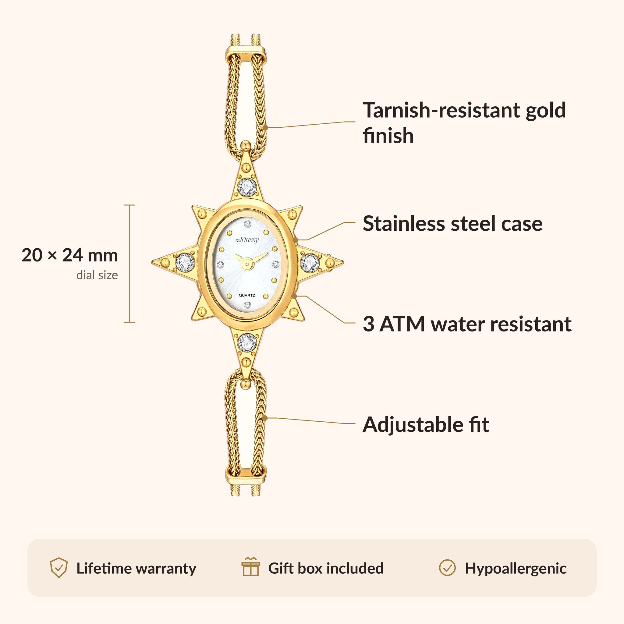 OhKlassy Lumina Gold women's vintage-inspired watch, size and features infographic